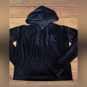 Calvin Klein Jeans Women’s Black Velour Pullover Hooded Sweatshirt Size XS Y2K